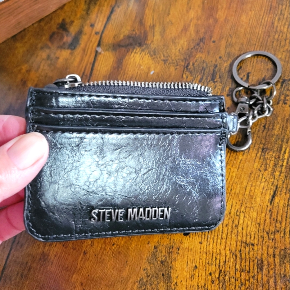 Steve Madden Shiny Black Leather Keychain Wallet/card case